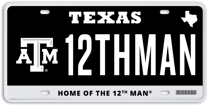 Black Texas A&M License Plate that reads 12THMAN
