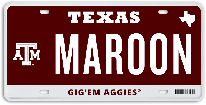 Maroon Texas A&M License Plate that reads MAROON