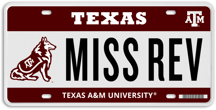 Reveille Texas A&M License Plate that reads MISSREV
